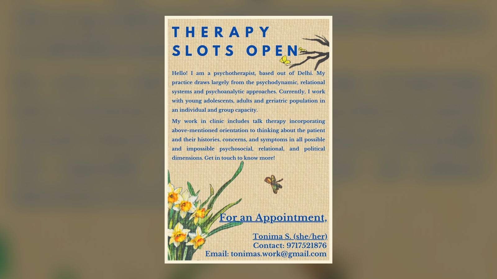 Tonima S. — Psychotherapist — Therapist